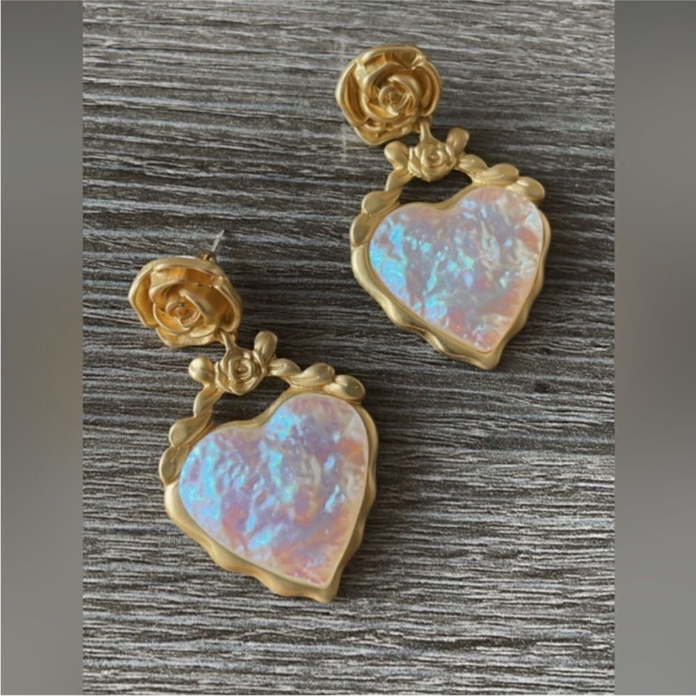 Anthropologie Gold Rose Heart Drop Earrings with Iridescent Inlay - Picture 4 of 5